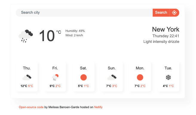 screenshot of the Weather App's landing page